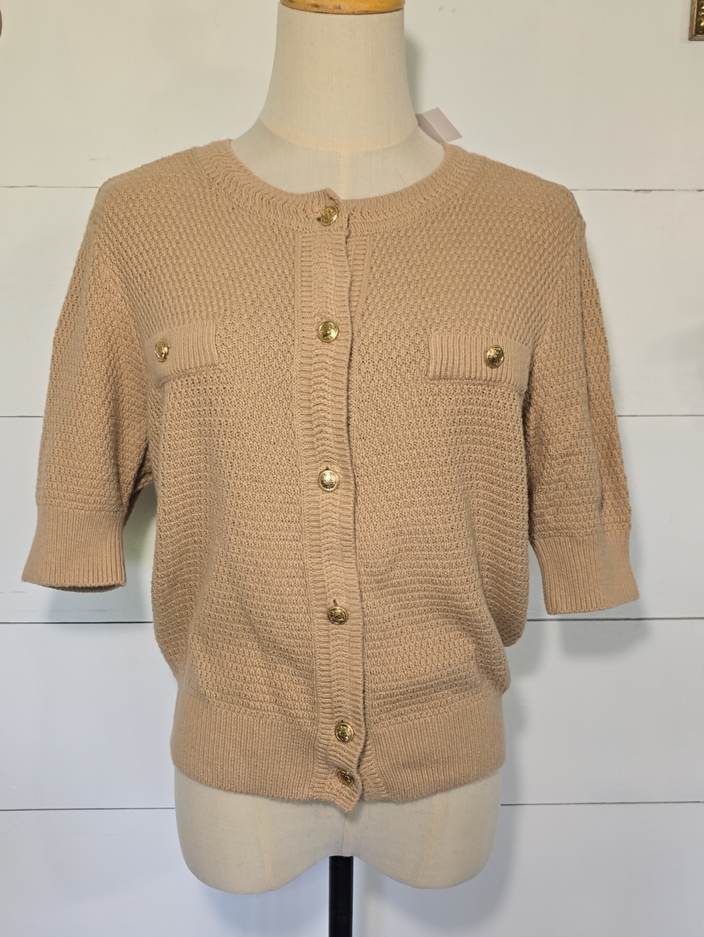 NWT Ann Taylor Factory Short Sleeve Honeycomb Knit Cardigan Top Tan Gold Button